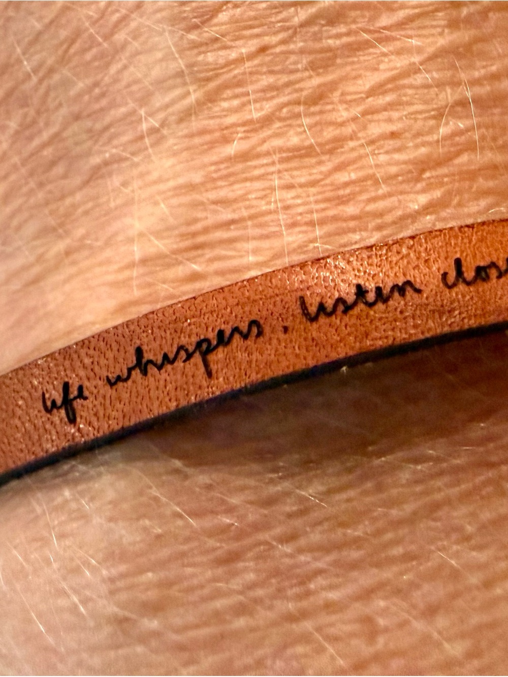 Handwritten Script Leather Bracelet in Tan “life whispers listen closely”